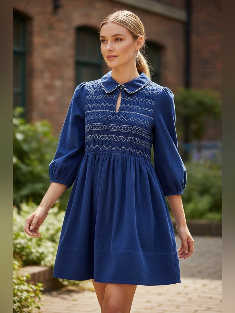 Oliver Bonas Corduroy Puff Sleeve Dress Collar Cottagecore Schoolgirl Babydoll 6